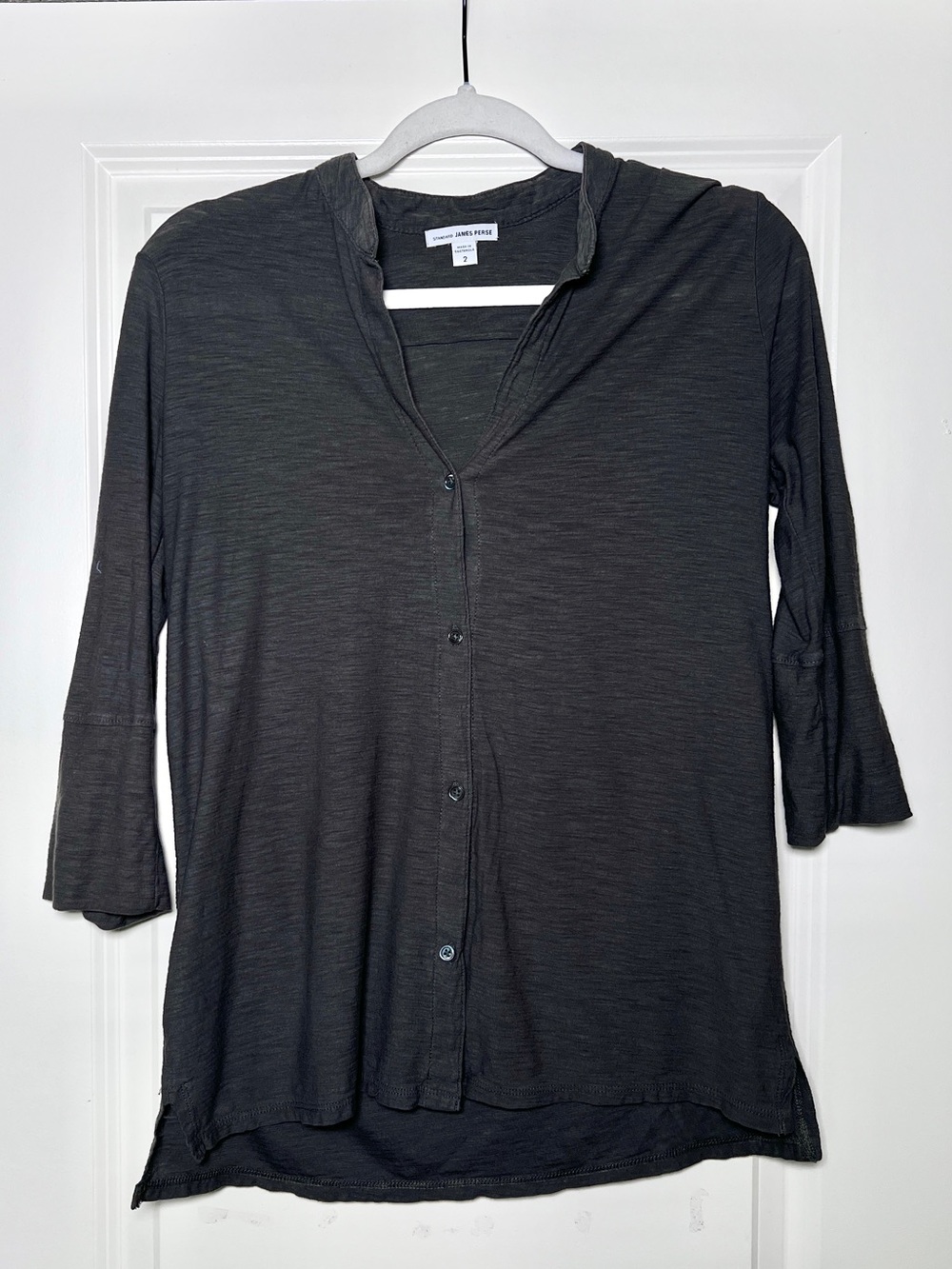 James Perse Charcoal Button Down Henley 3/4 sleeve Size 2 Cotton Modal